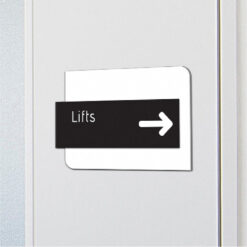 Acrylic Lifts Sign - Amenity Sign with Arrow - Mensa Family - In Situ Close