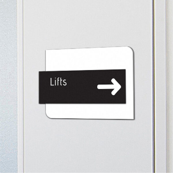 Acrylic Lifts Sign - Amenity Sign with Arrow - Mensa Family - In Situ Close