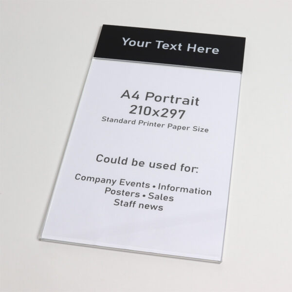 Wall Mounted Poster Holder - A4 Portrait Poster Holder with Header - Black Header with Info